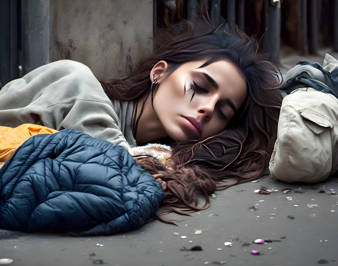 Woman Sleeping Outdoors with Jacket Pillow in Urban Setting