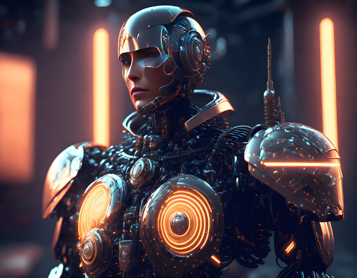 Detailed humanoid robot with metallic armor and illuminated circles on torso, against blurred background.