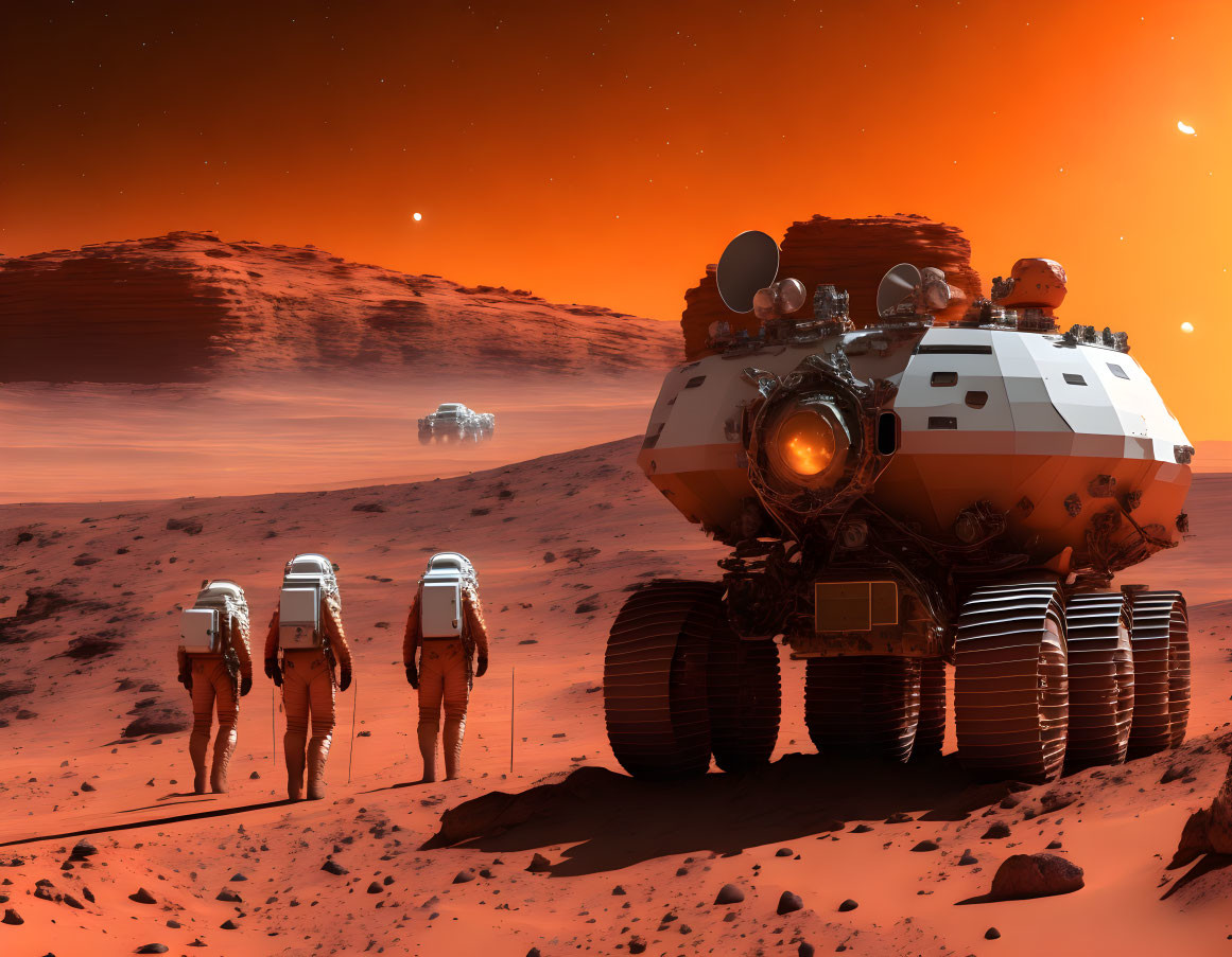 Futuristic Mars Rovers and Astronauts on Red Martian Landscape