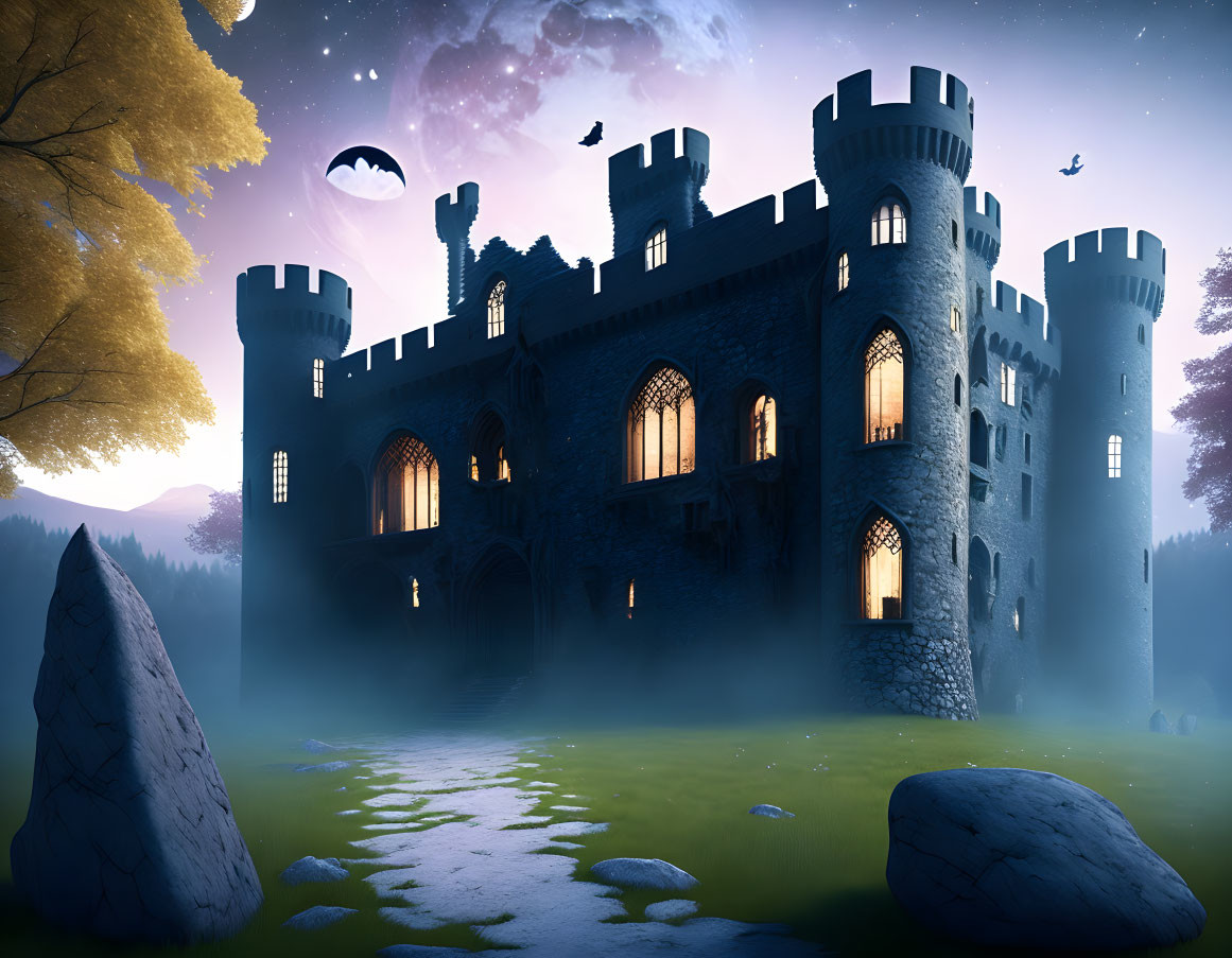 Mystical castle at twilight with fog, trees, bats, crescent moon