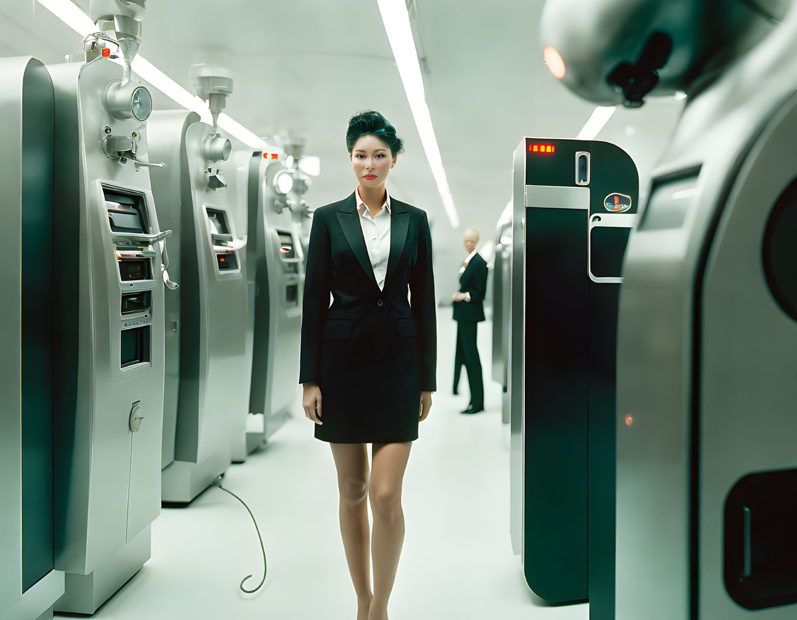 Confident woman in business attire in futuristic setting with technology and male figure