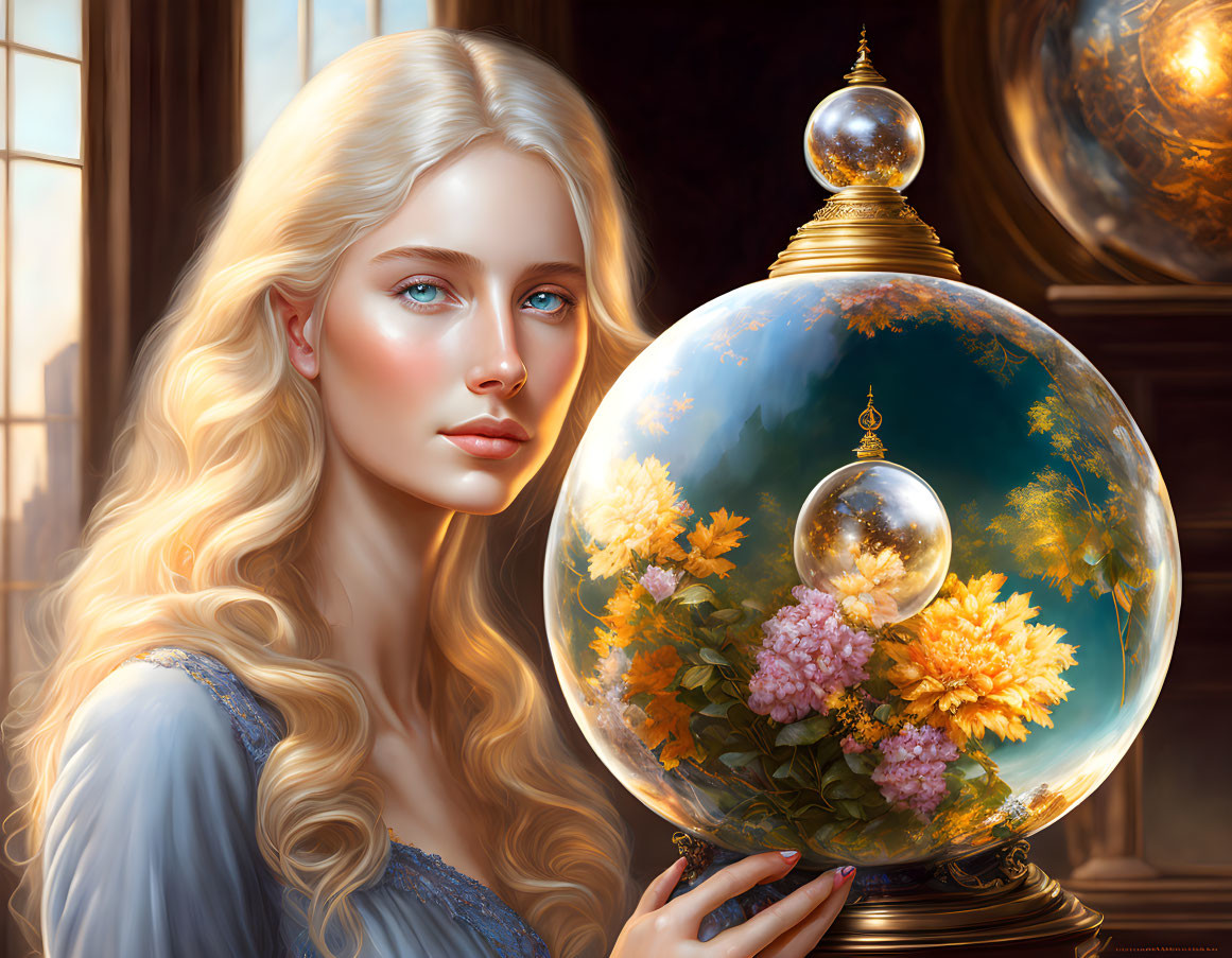 Blonde woman with blue eyes gazing at luminous orb in ornate interior