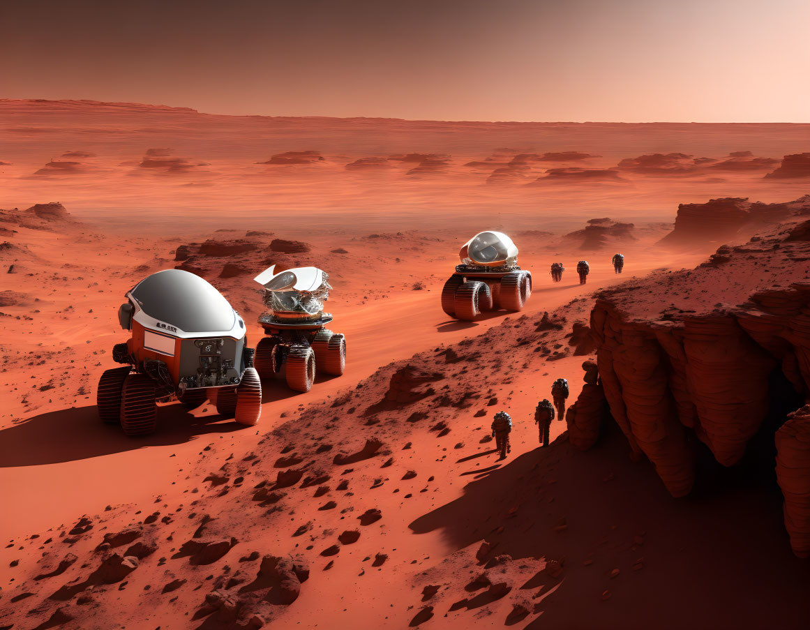 Exploration of Mars base with rovers and astronauts on red rocky terrain