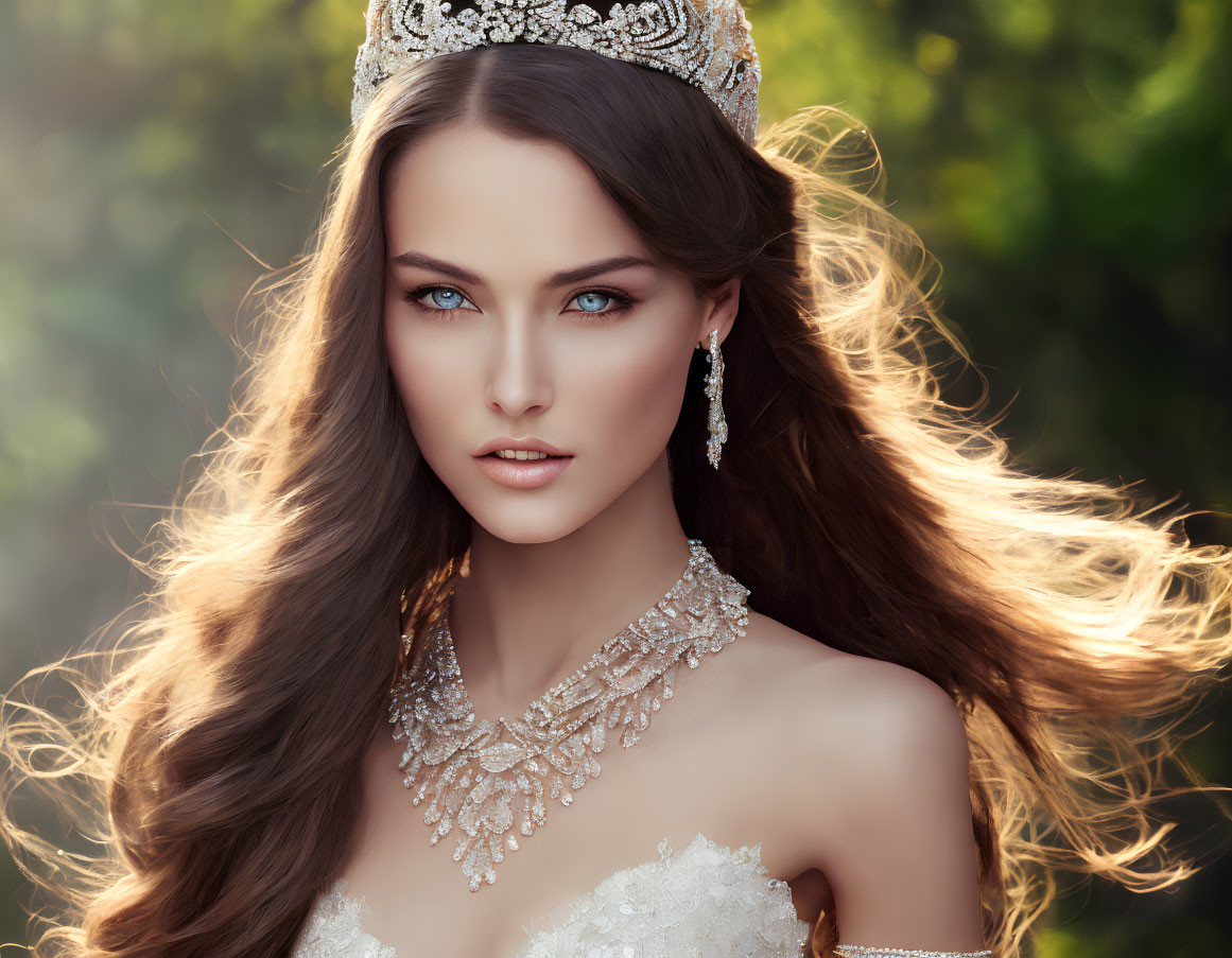 Regal woman in bridal attire with flowing hair and tiara.