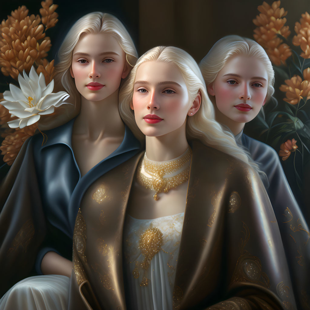 Ethereal Women with Blonde Hair in Golden Attire Surrounded by Flowers