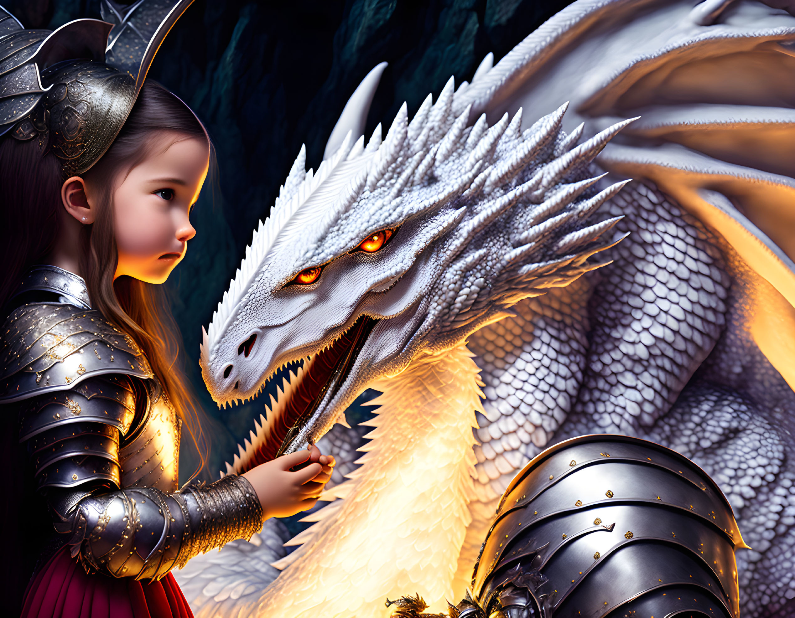 Young girl in medieval armor confronts white dragon in dark, mystical setting