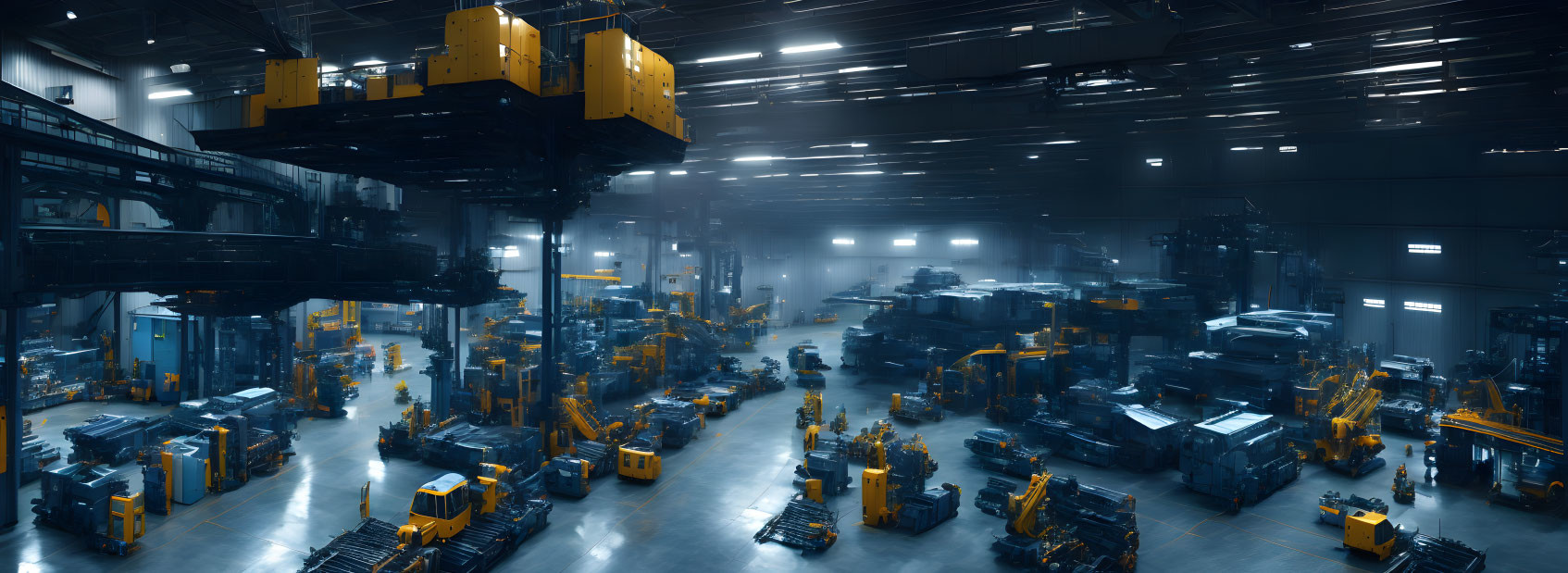 Dimly Lit Industrial Factory with Overhead Cranes and Machines