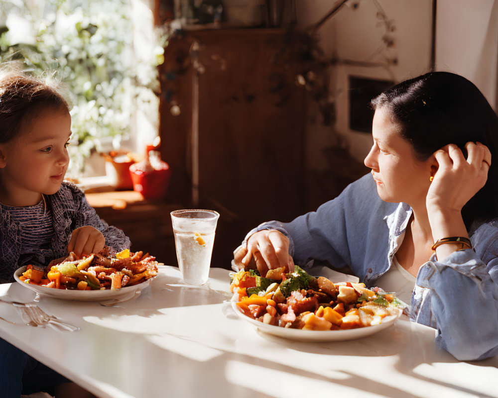 Young girl and woman dining at table in cozy sunlight-filled scene