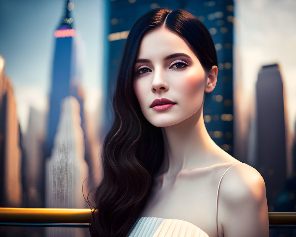 Long-haired woman with striking makeup in front of blurred cityscape under soft sunlight