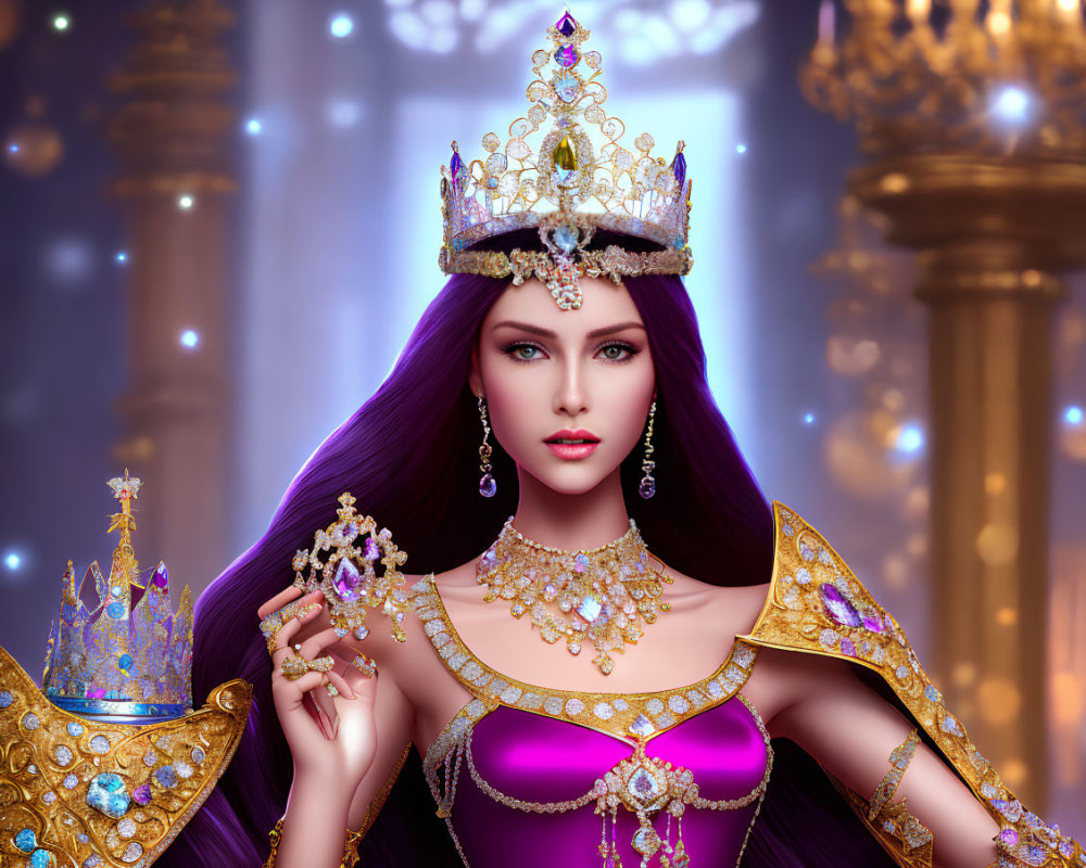 Regal woman with purple hair and crown in luxurious attire