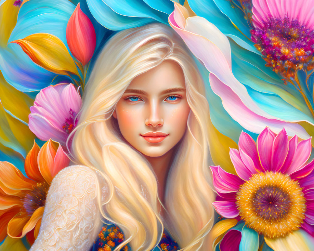 Colorful Illustration of Woman with Blonde Hair and Floral Patterns