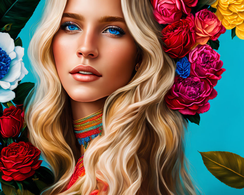 Blonde woman portrait with floral attire and vibrant backdrop