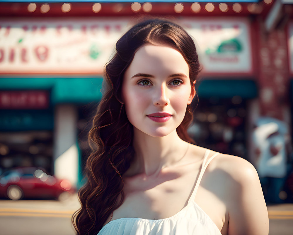 Woman with long curly hair smiling on sunny street with storefronts