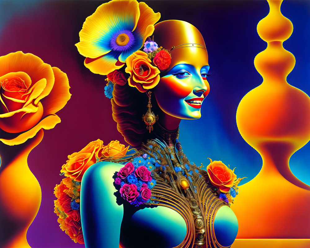 Colorful digital artwork: Woman with floral adornments and golden helmet on abstract background