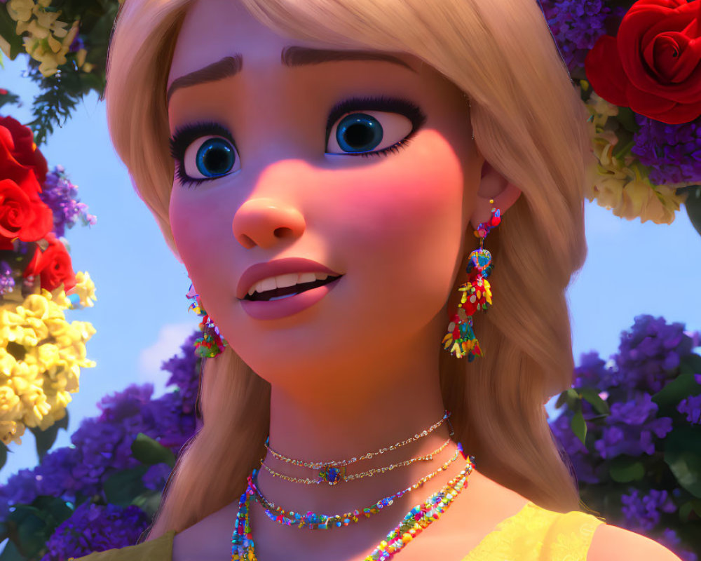 Blonde Female Character with Blue Eyes and Colorful Jewelry in Vibrant Flower Setting