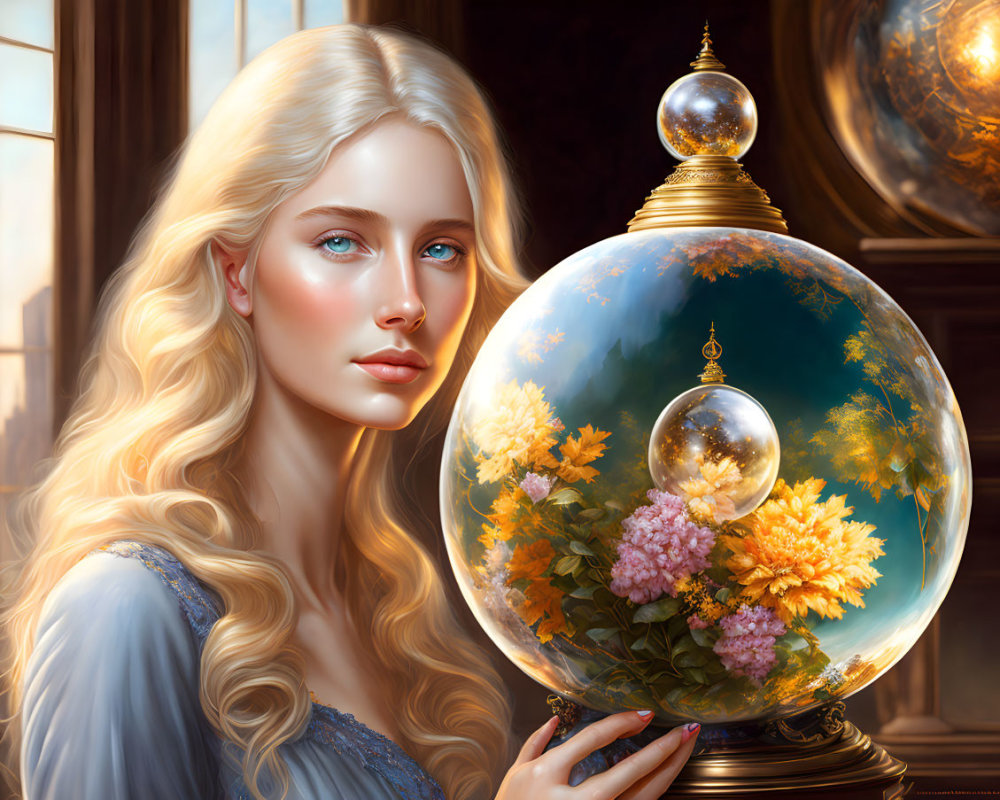 Blonde woman with blue eyes gazing at luminous orb in ornate interior