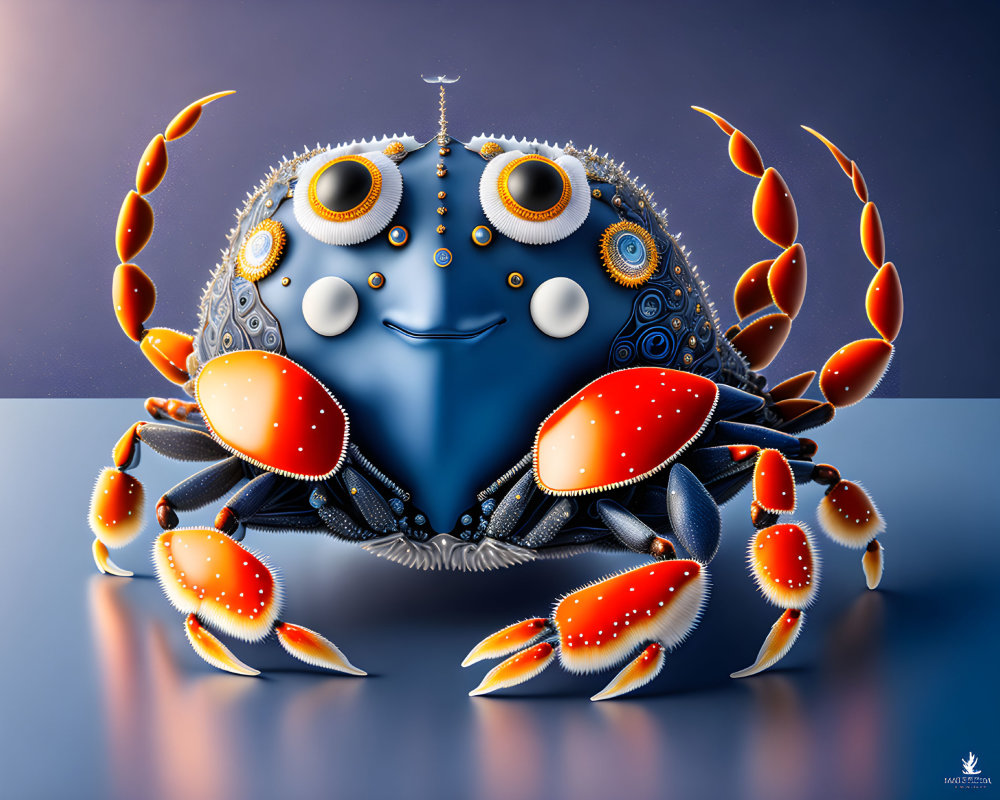 Colorful digital artwork of a blue crab with mechanical details and red-orange spots