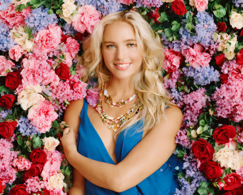 Blond woman in blue dress smiling against floral background