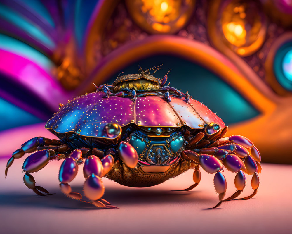 Colorful Futuristic Mechanical Crab Artwork with Glowing Dots and Metallic Parts