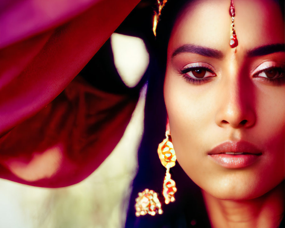 Traditional South Asian woman in red veil and jewelry gazing thoughtfully.