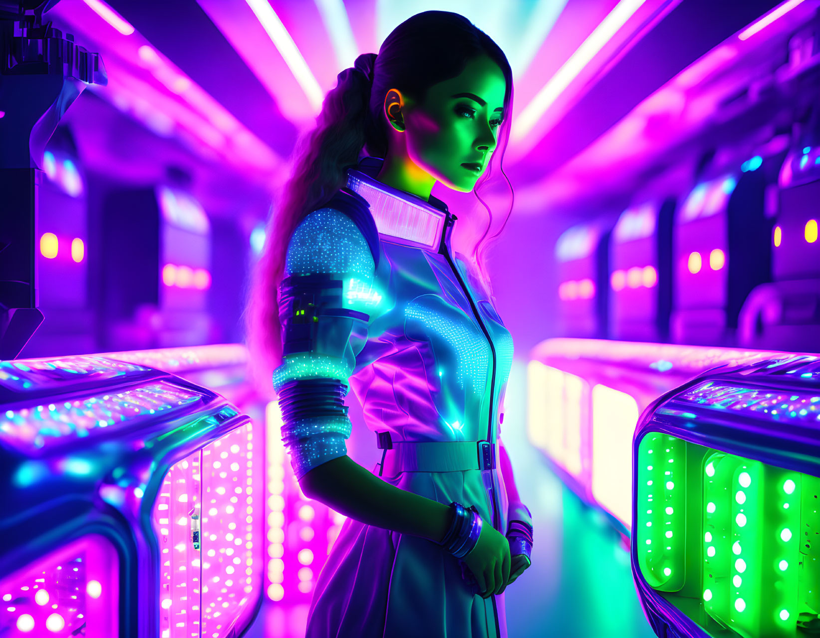 Futuristic female figure in glowing attire amidst neon lights