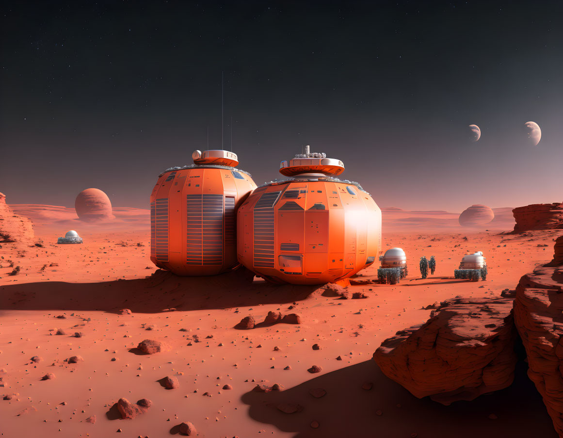 Futuristic Mars Base: Domed Habitats on Red Desert Landscape