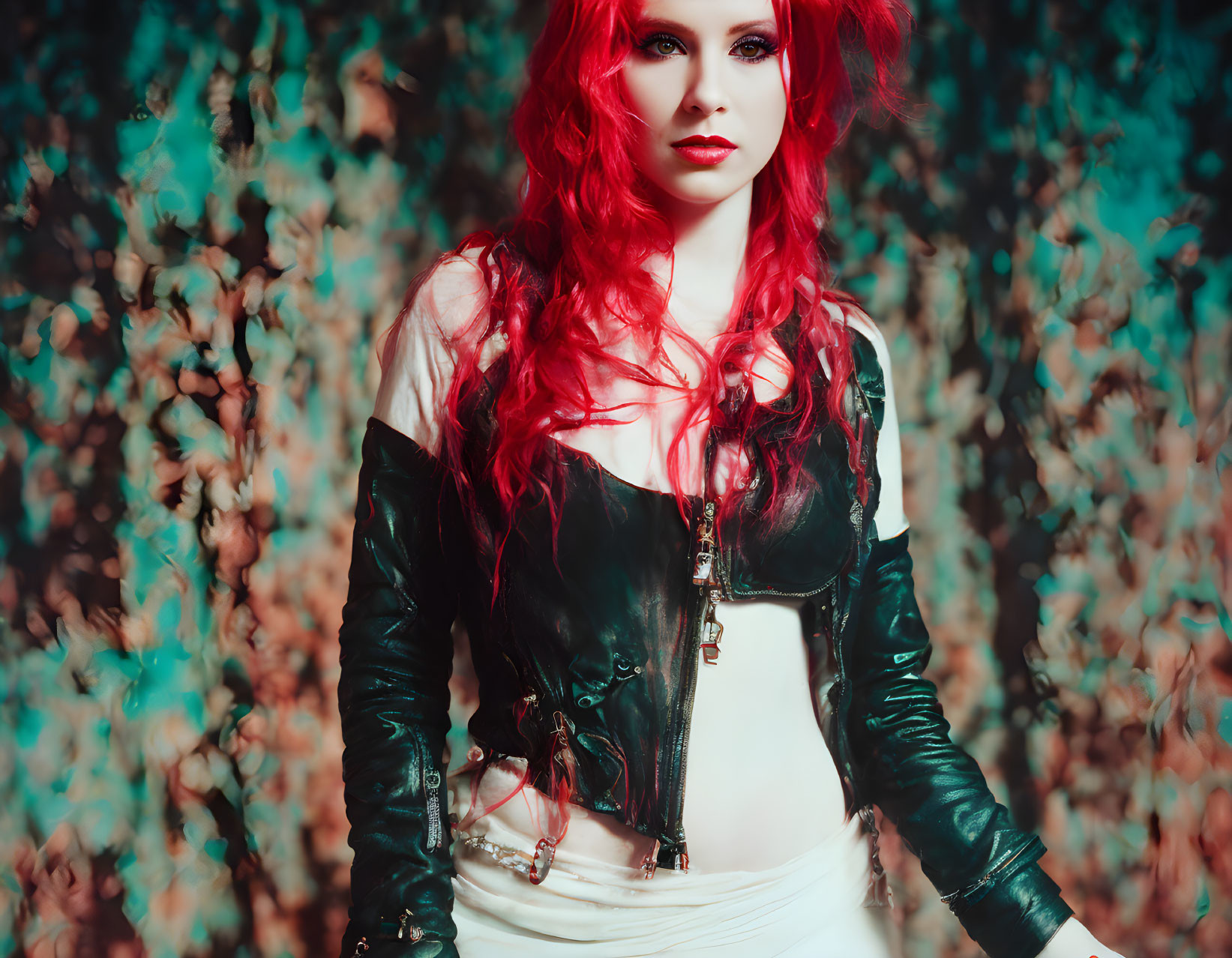 Bright red-haired woman in gothic makeup and leather jacket against foliage background