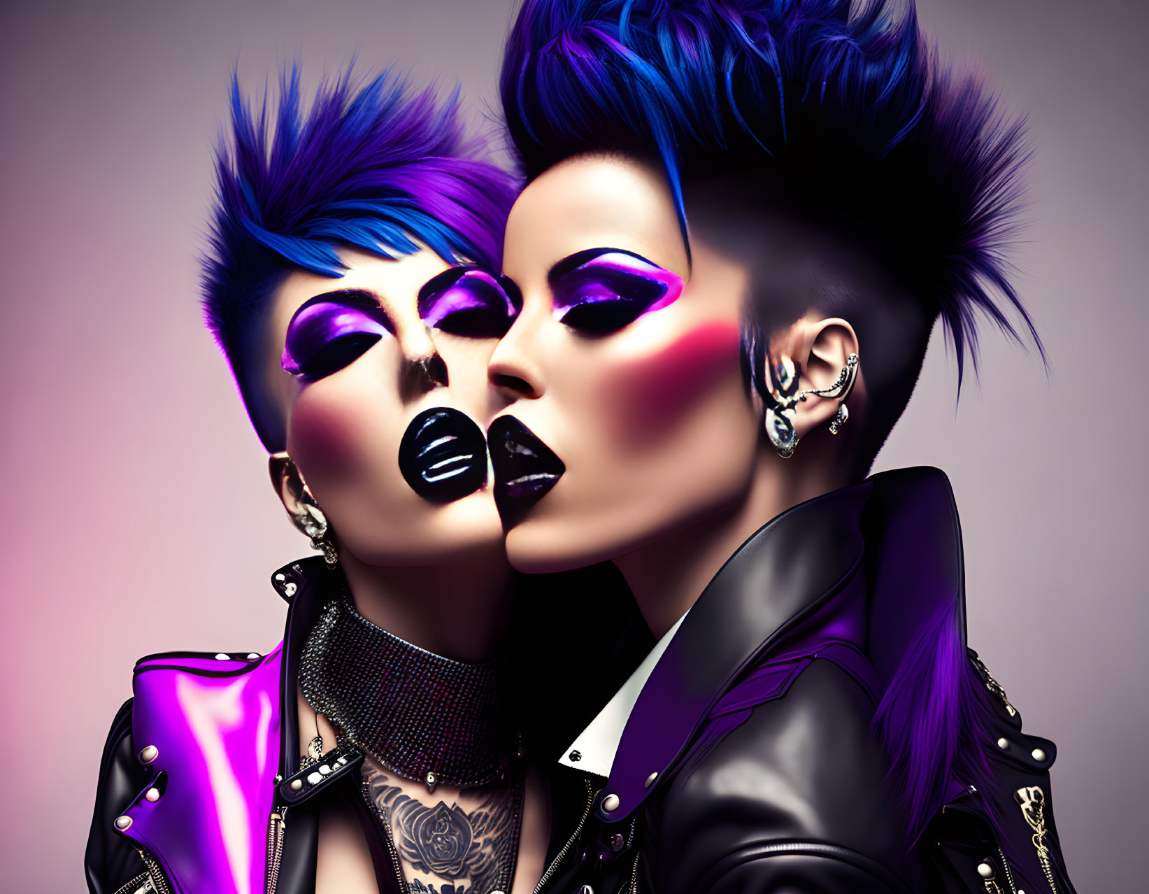 Stylized characters with punk makeup and leather jackets on pink background