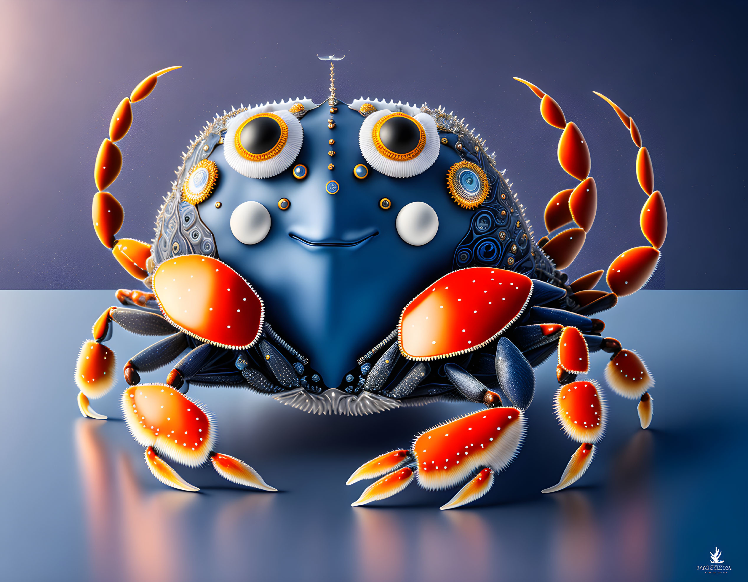 Colorful digital artwork of a blue crab with mechanical details and red-orange spots