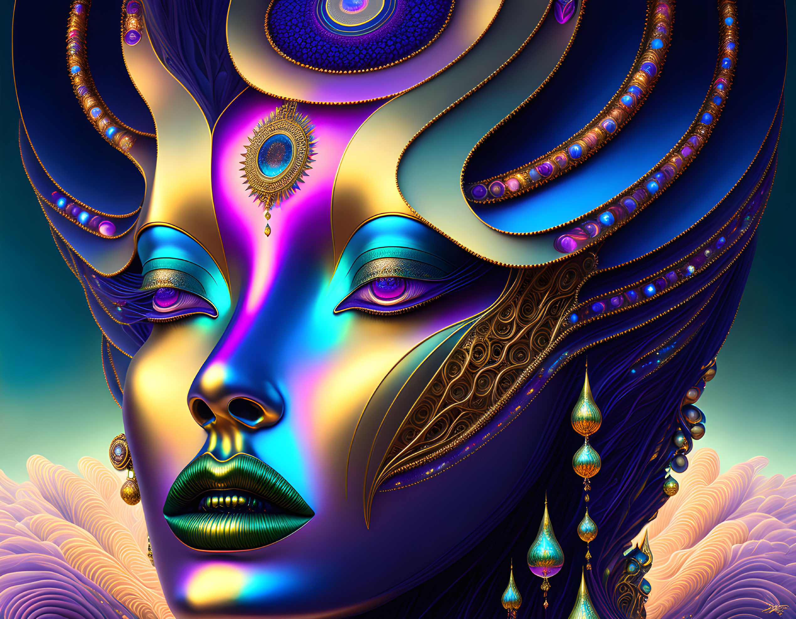 Vibrant neon digital artwork with surreal face and intricate patterns