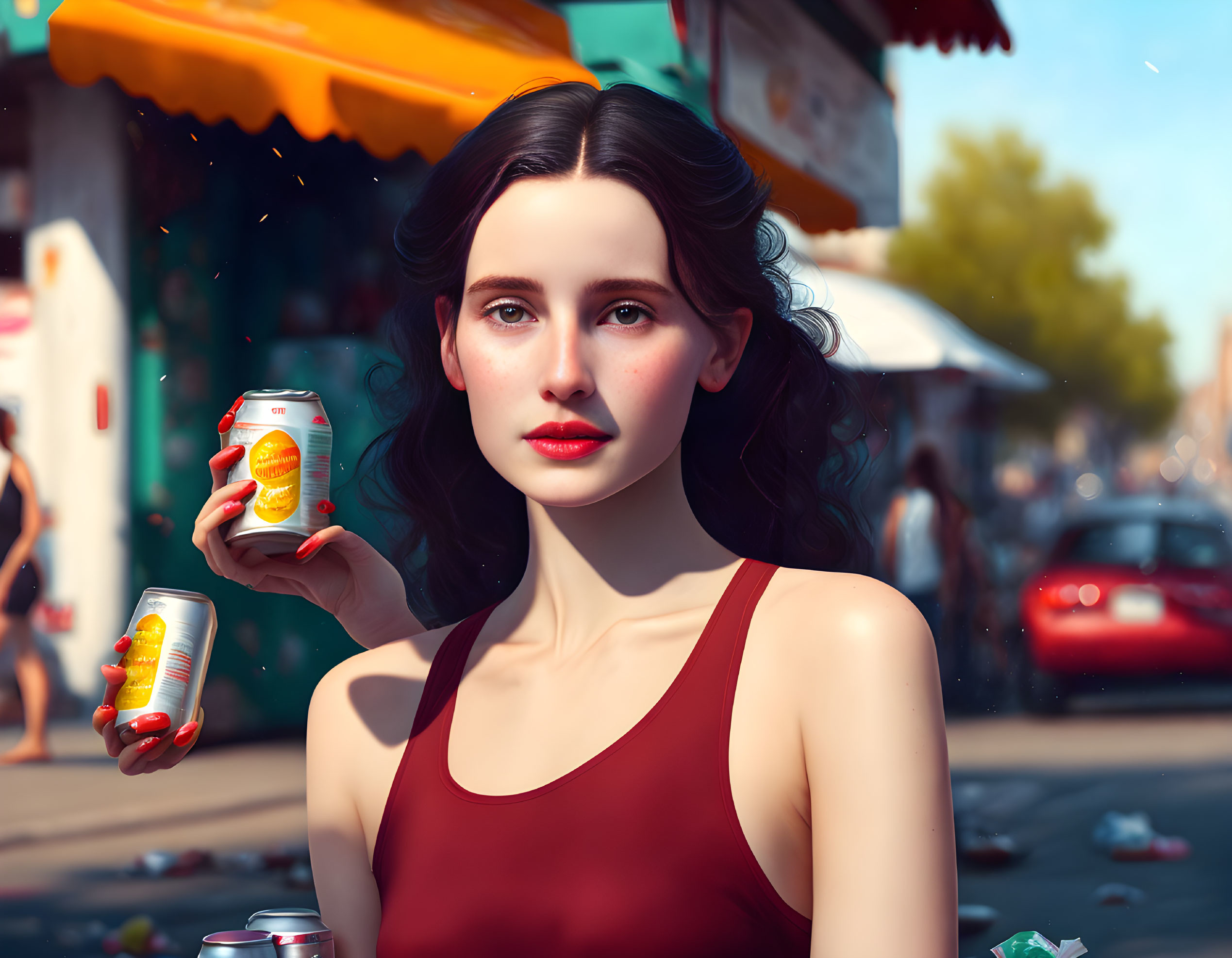 Woman in red top holding beverage can on sunny street with market background.