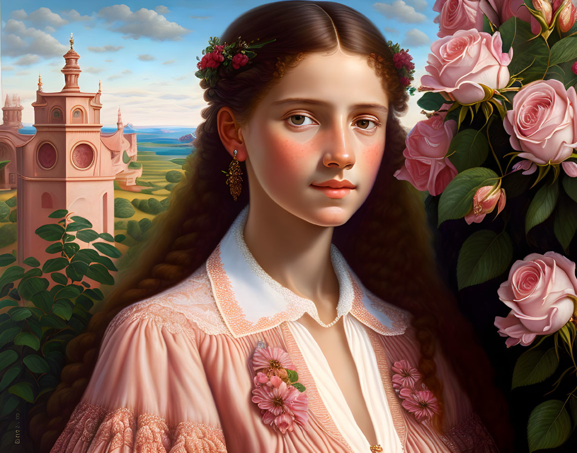 Young woman with flower crown in pink dress against castle backdrop