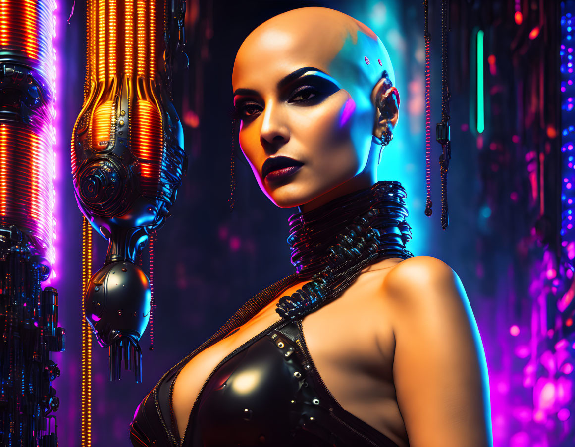 Female Cyborg with Bald Head in Dark Futuristic Outfit Amidst Neon Lights