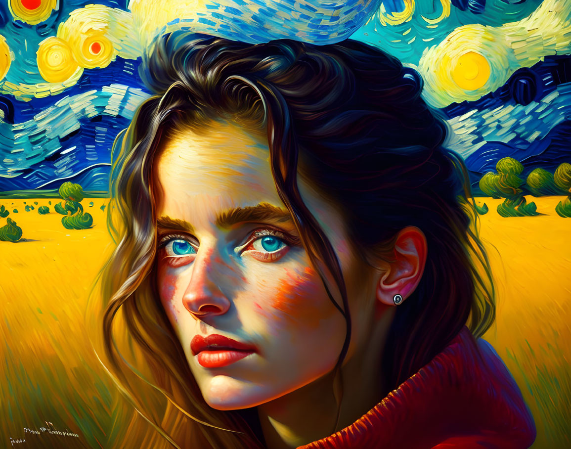 Portrait of woman with blue eyes and wavy hair in Starry Night inspired backdrop