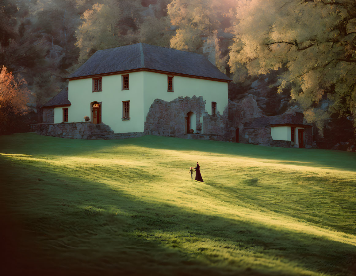 Person on Sunlit Grassy Slope Near Two-Story House