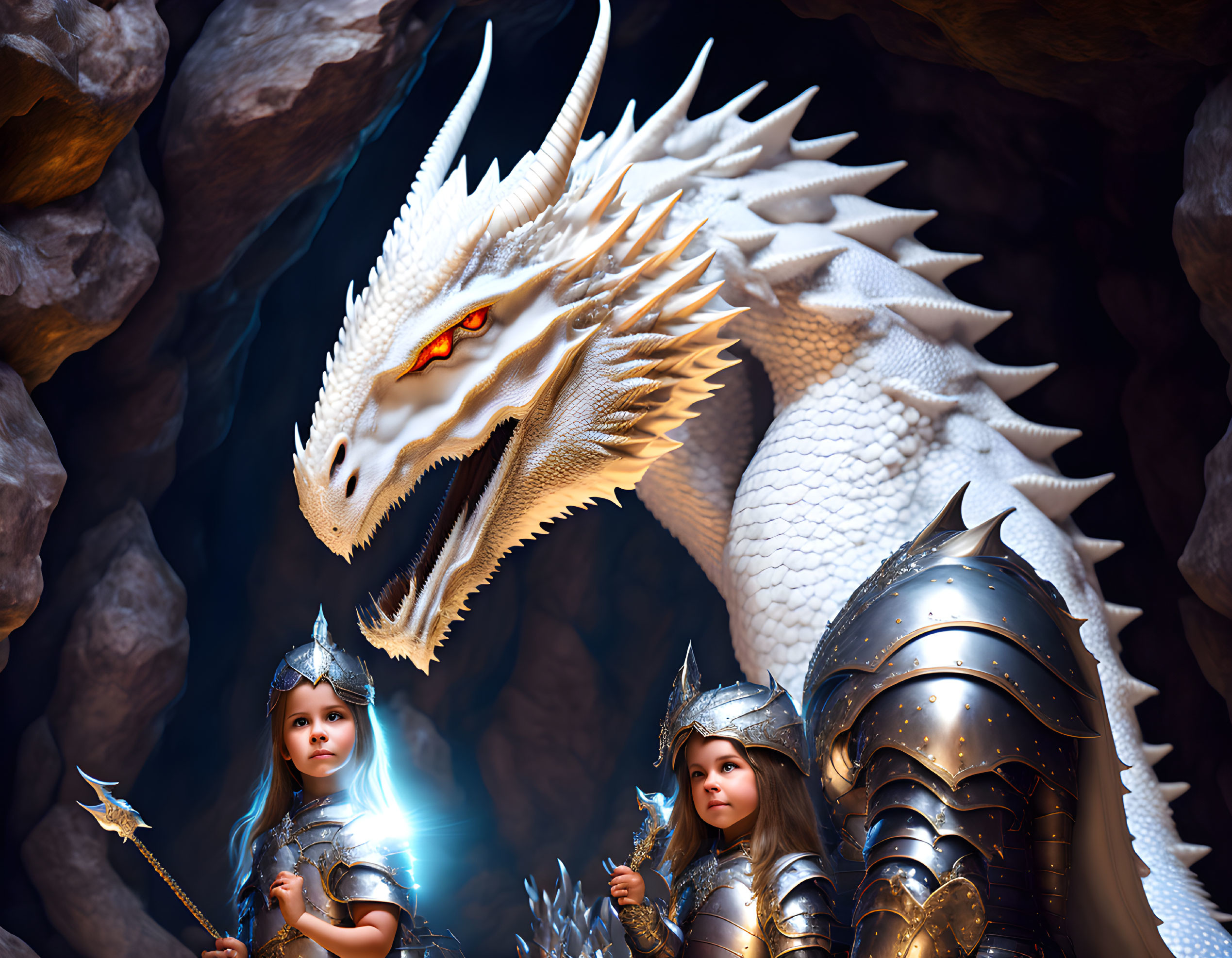 White Dragon and Children Warriors in Cave Setting