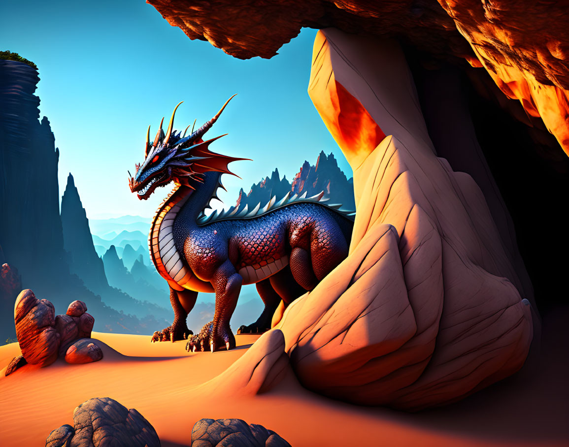 Blue dragon with red spines in desert landscape.