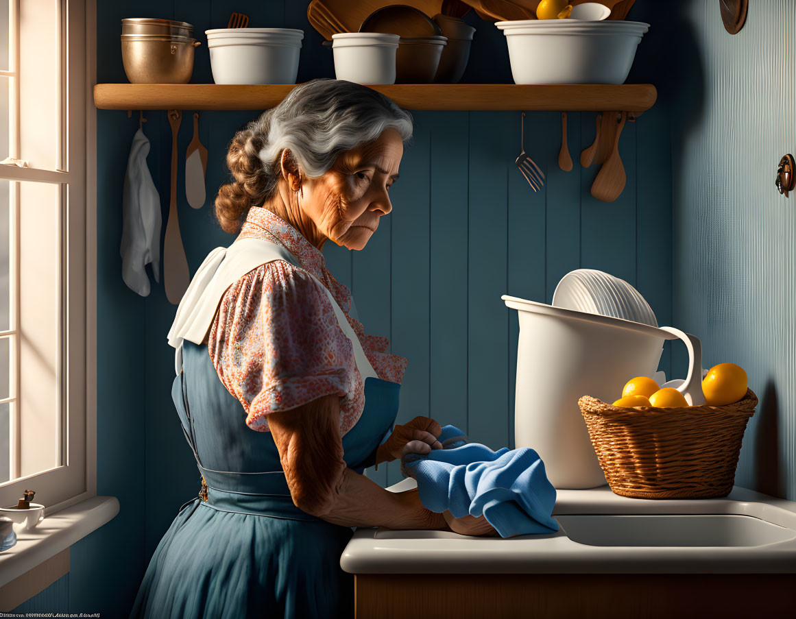 Elderly woman drying dish in cozy kitchen scene