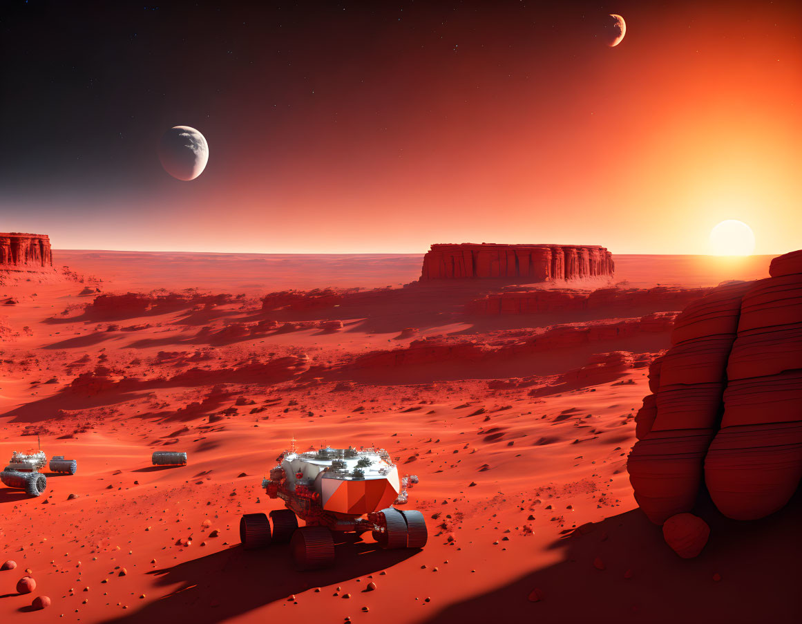 Futuristic Mars landscape with rovers, rock formations, red sky, moons, and setting sun