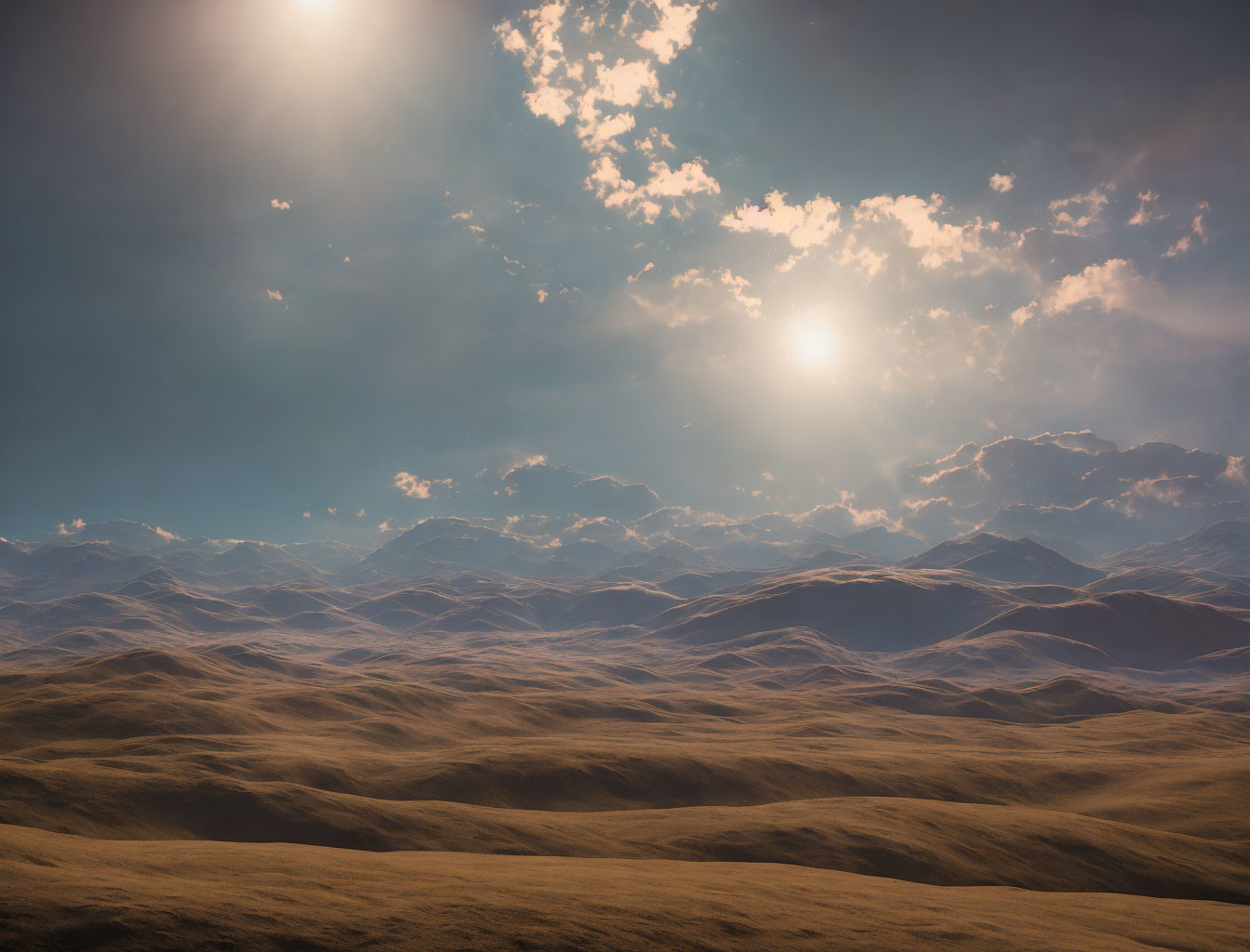 Sunlight through clouds on vast desert landscape with sandy hills and mountains