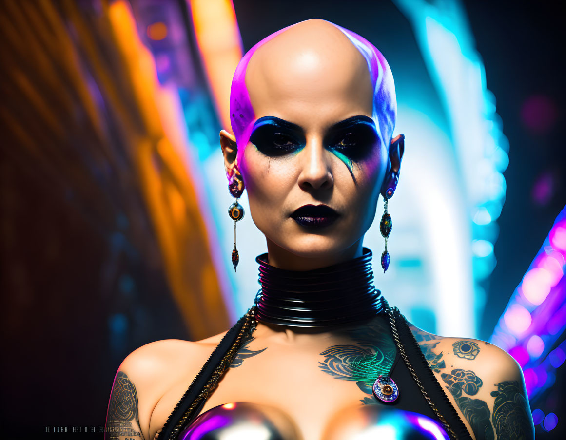 Bald person with dark eye makeup, purple eyeshadow, earrings, choker, chest tattoos