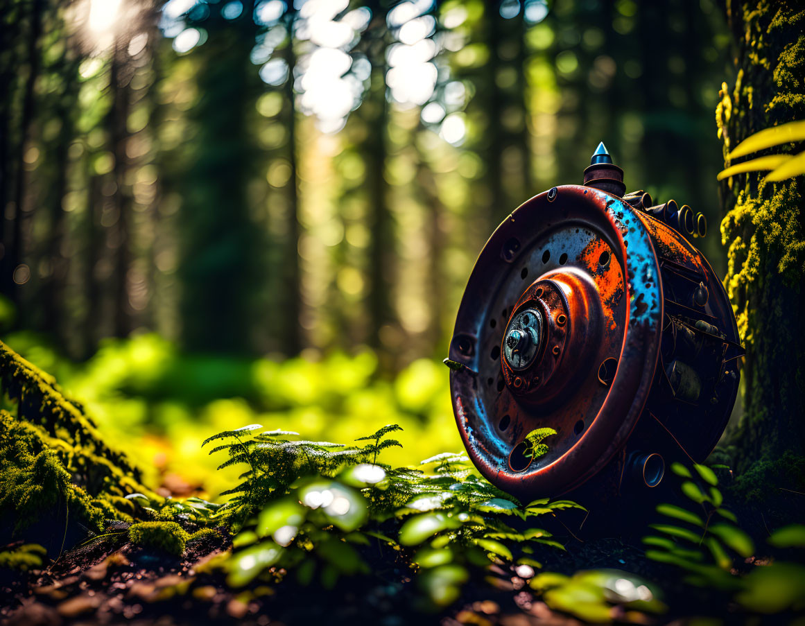 Rusty old wheel hub in forest with sunlight filtering through trees