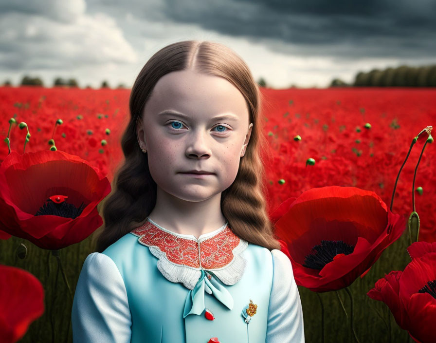 Blonde Girl in Blue Dress Surrounded by Red Poppies