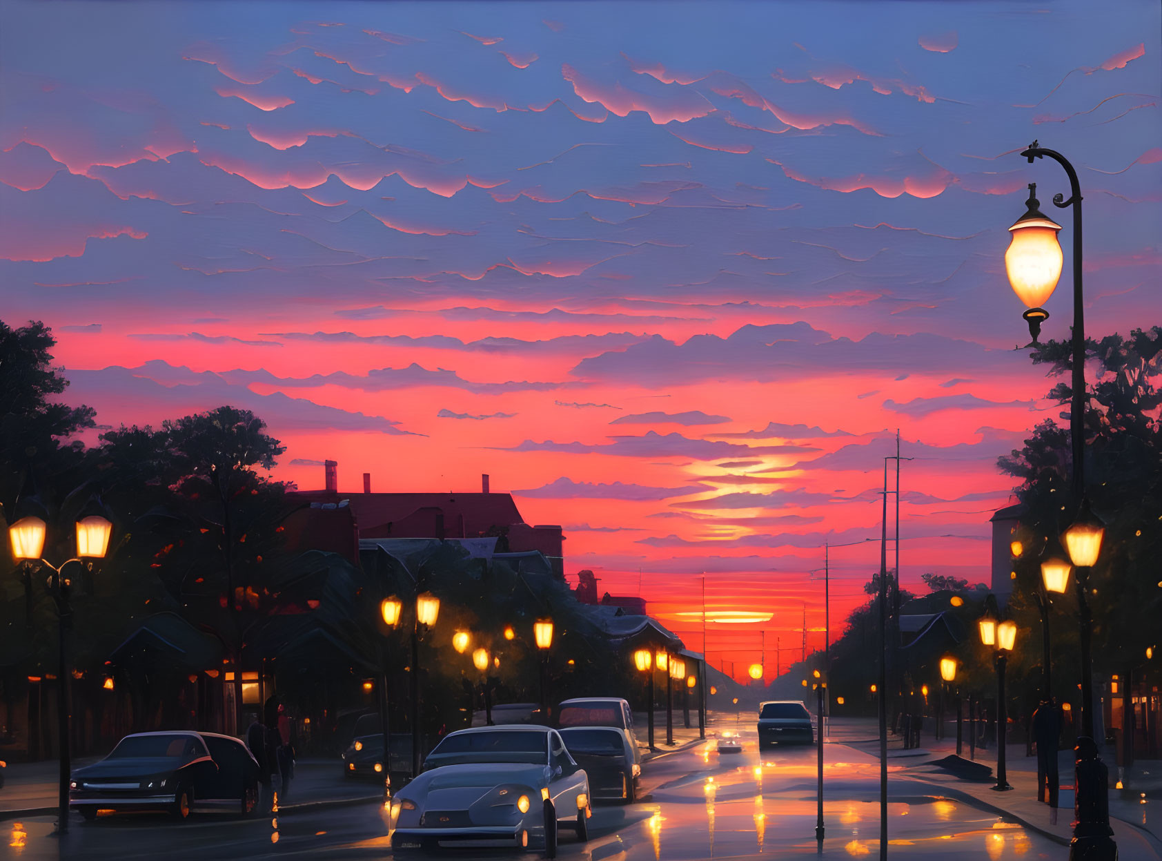 Vibrant pink and orange sunset over illuminated street with cars