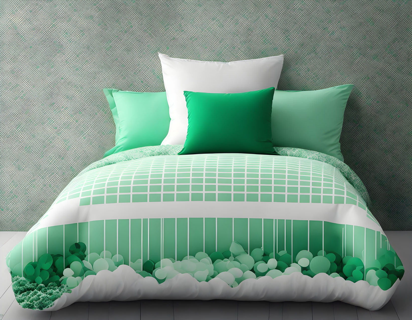 Green and White Striped Bedding with Matching Pillows on Patterned Green Wallpaper