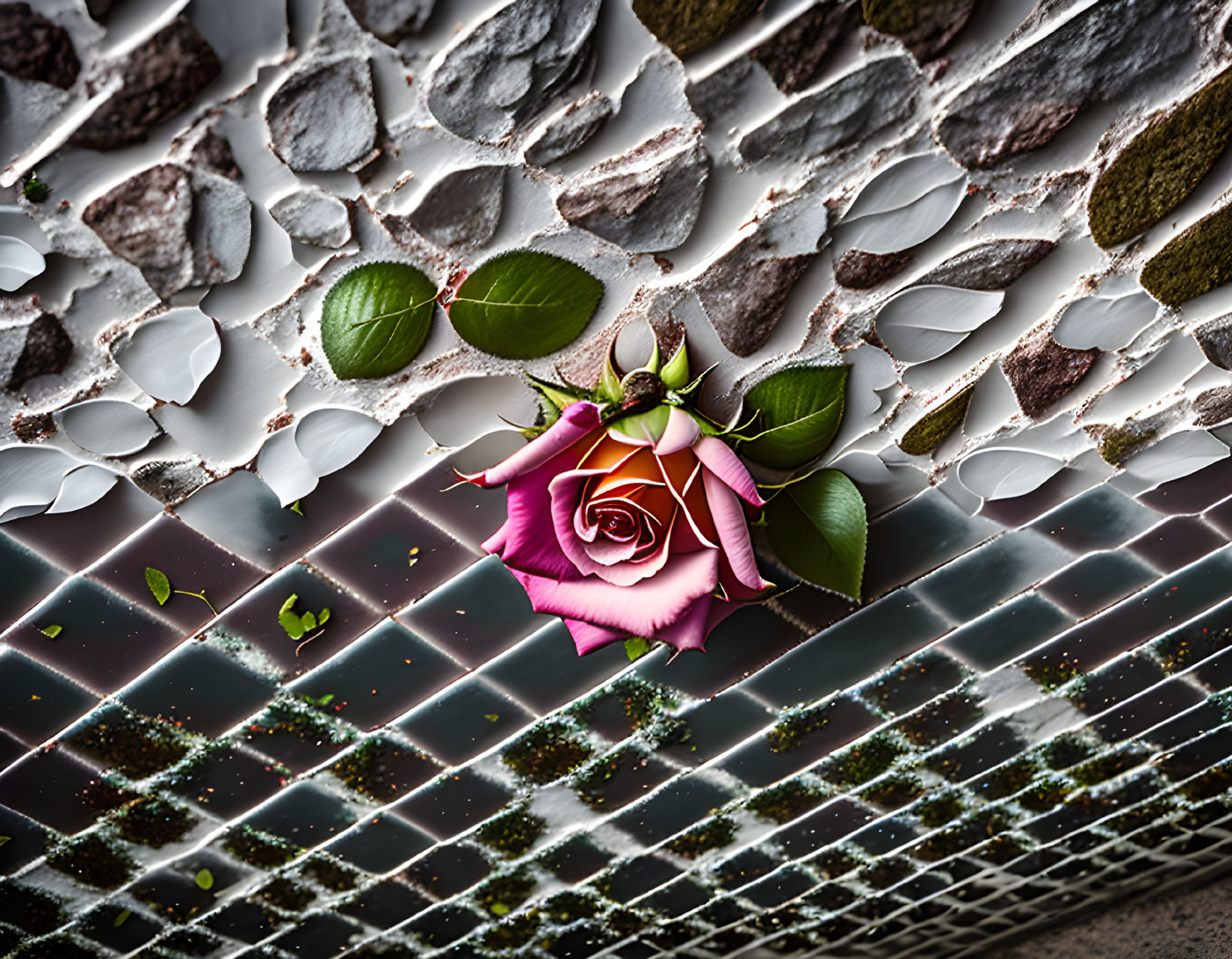 Pink Rose Among Broken Eggshells on Reflective Surface