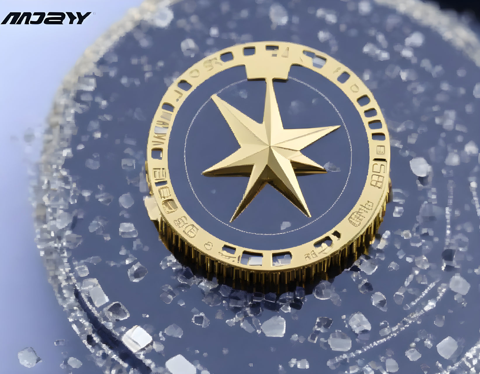 Golden coin with star emblem on blue surface with blurry "MAZ3Y" text.