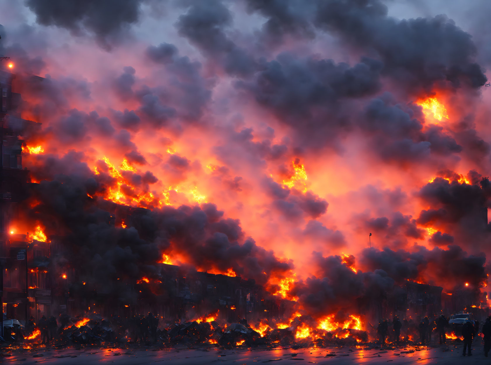 City street engulfed by massive blaze and thick smoke in dimly lit sky