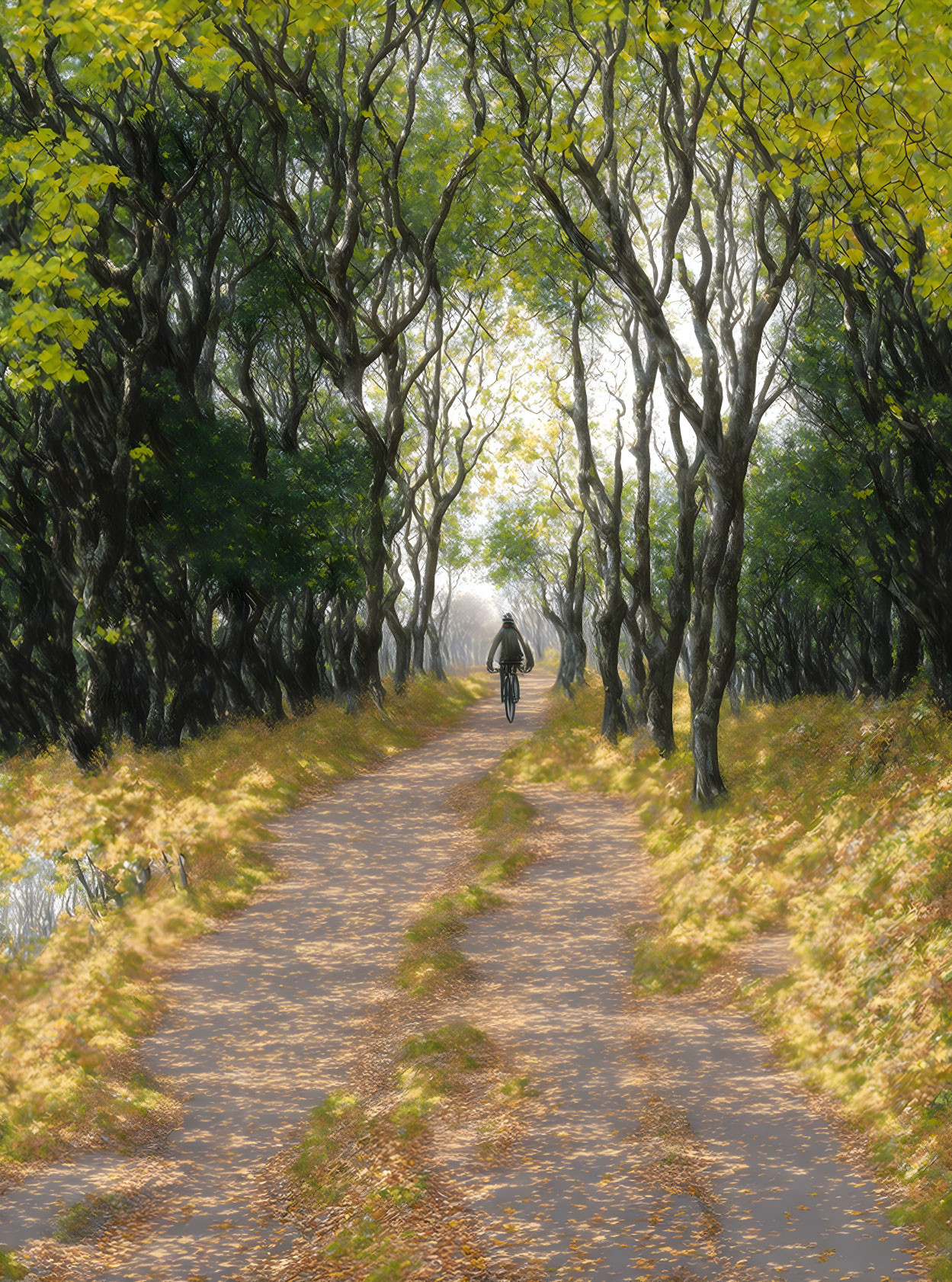 Cyclist on tree-lined path in autumn light