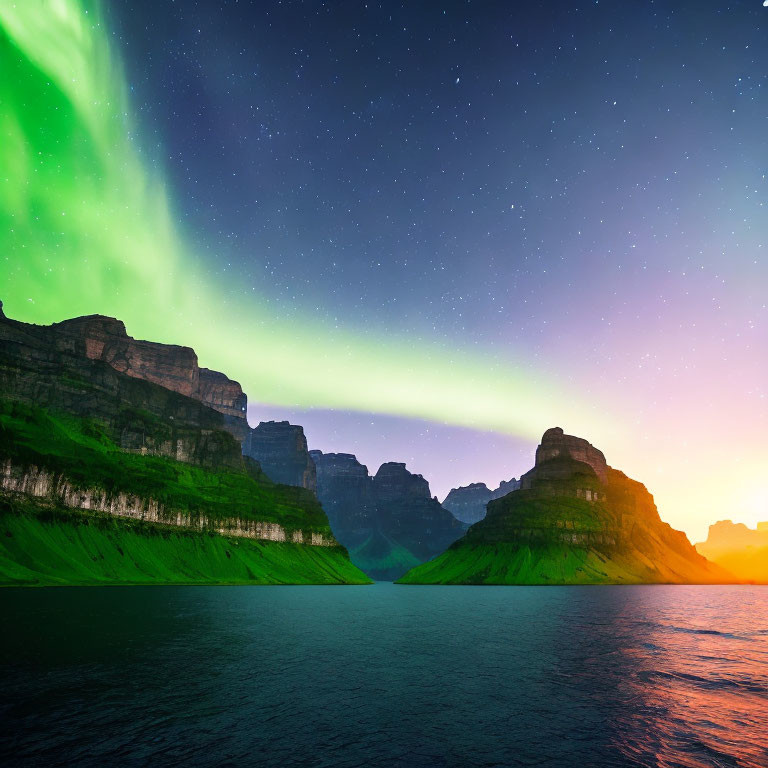 Tranquil lake with green aurora borealis over layered rock formations at twilight